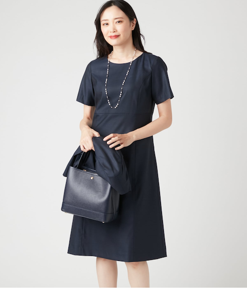 ウールシルクシャークススキン パネルウエスト切替え半袖ワンピース