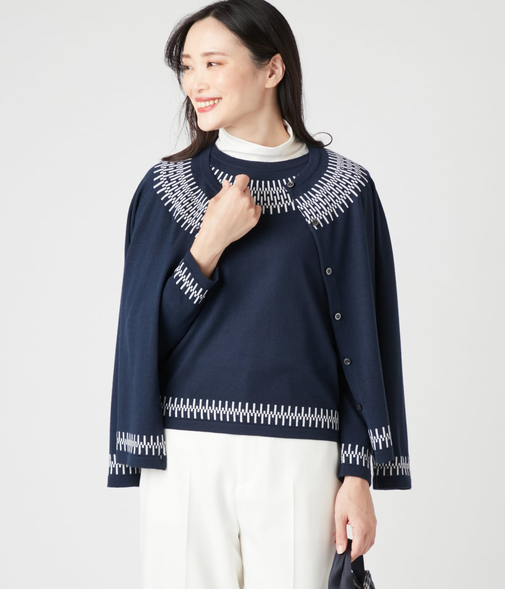 【手洗い可能】ウールアクリルシングルジャカード クルーネックカーディガン