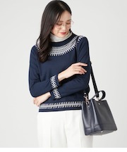 【手洗い可能】ウールアクリルシングルジャカード クルーネックプルオーバー