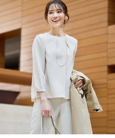 【ウォッシャブル】ダブルフェイス アシンメトリータック7分袖ブラウス