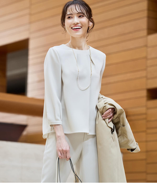 【ウォッシャブル】ダブルフェイス アシンメトリータック7分袖ブラウス