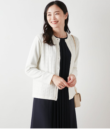 レーヨンポリストレッチ 格子透かし柄クルーネックカーディガン