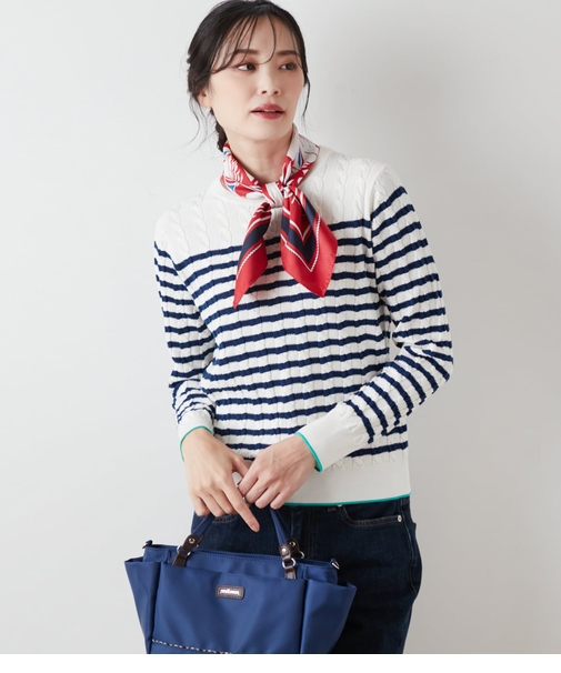 コンパクトギザコットン ケーブルボーダープルオーバー