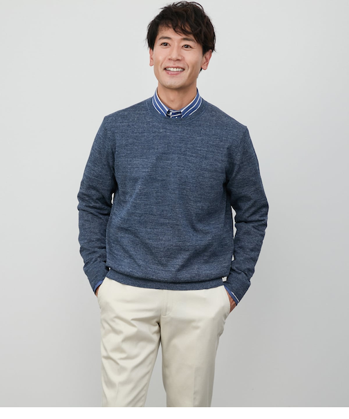 【ウォッシャブル】リネンポリエステル クルーネックプルオーバーニット