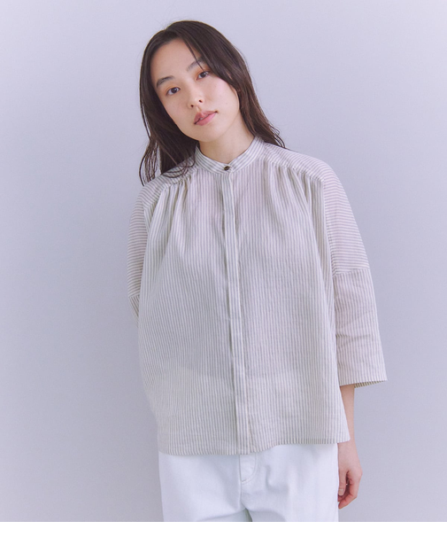 ［ACAR］Thin Stripe ピンタックギャザーブラウス