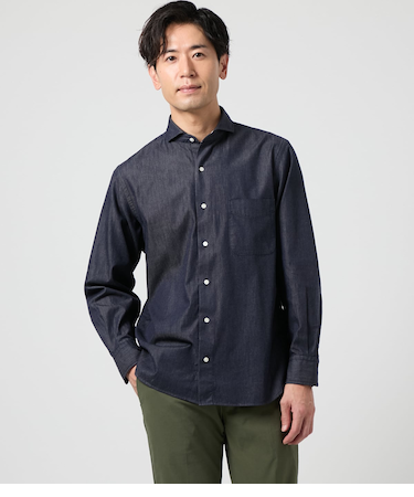 コットン シャンブレーツイル 長袖カッタウェイカラーシャツ