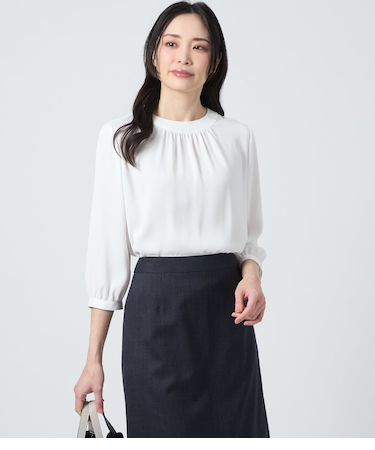 バックサテンジョーゼット 7分袖ギャザーブラウス