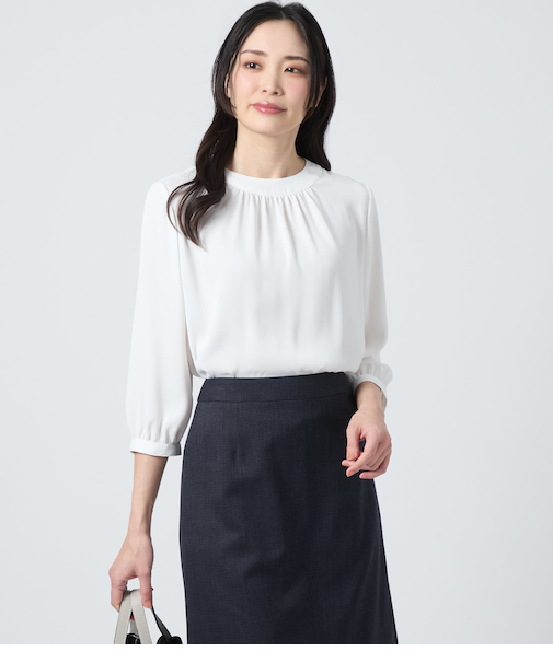 バックサテンジョーゼット 7分袖ギャザーブラウス