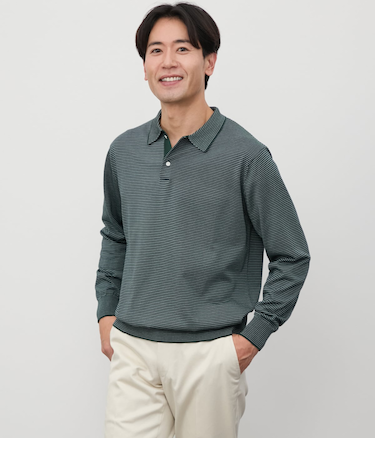 【ウォッシャブル】ミジンボーダー ニットポロシャツ