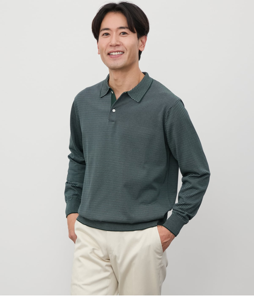 【ウォッシャブル】ミジンボーダー ニットポロシャツ