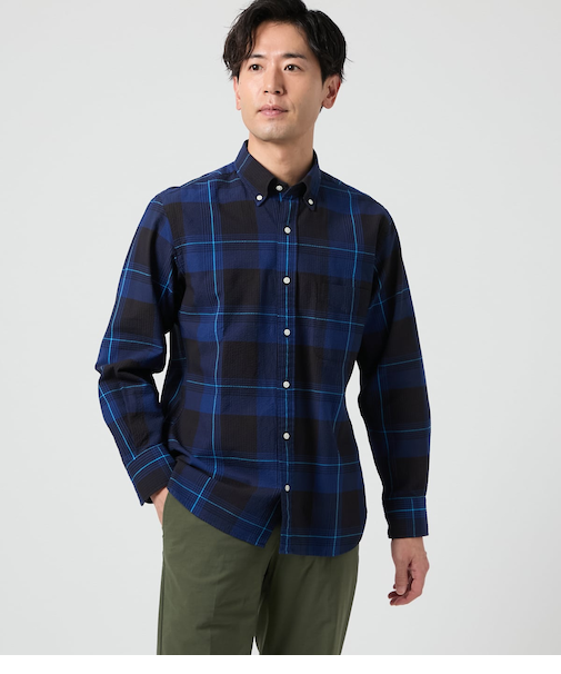 サッカー ビッグチェック 長袖ショートボタンダウンシャツ