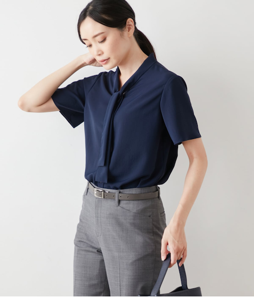 マルチプルポリ ボウタイ半袖ブラウス