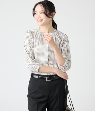 ポリエステルスムース千鳥風幾何プリント バンドカラー7分袖プルオーバー