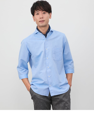 コットンラミー シャンブレー 七分袖カッタウェイカラーシャツ