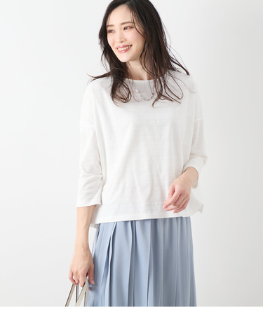 コットンポリエステルボーダー ボートネック7分袖プルオーバー