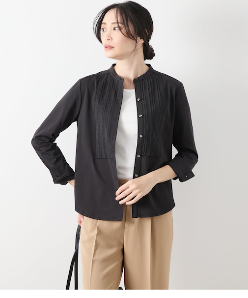 【吸水速乾】プレーティング天竺 バンドカラーピンタックカットソー