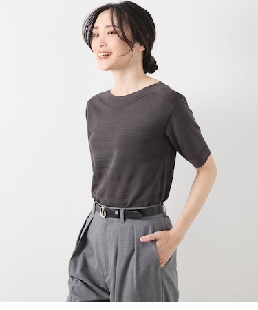 コットンアセテート パネルボーダー5分袖プルオーバー