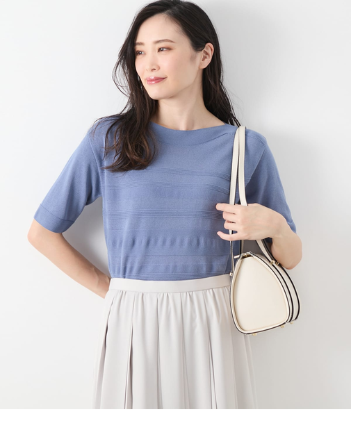 コットンアセテート パネルボーダー5分袖プルオーバー