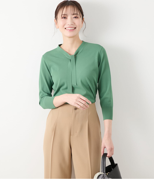 アセテートナイロン天竺 7分袖ボウタイプルオーバー