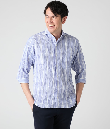 ピンタックコードレーン 七分袖カッタウェイカラーシャツ