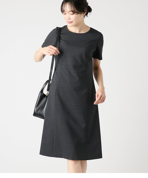 マイクロ千鳥 パネルウエスト切替半袖ワンピース