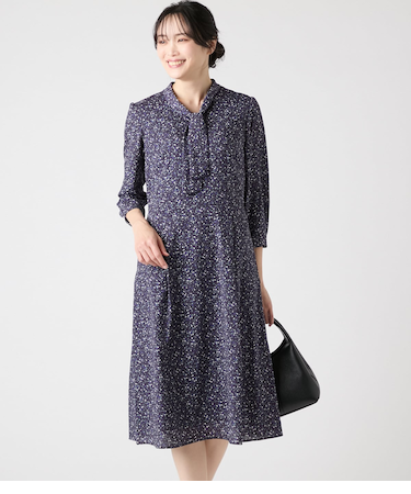 モザイクプリント ボウタイ7分袖ワンピース