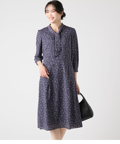 モザイクプリント ボウタイ7分袖ワンピース