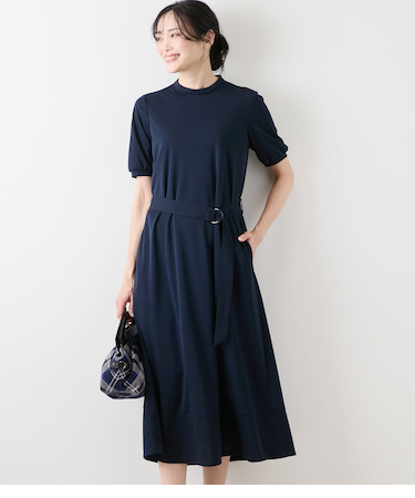 強撚スムース ハイネック5分袖カットソーワンピース