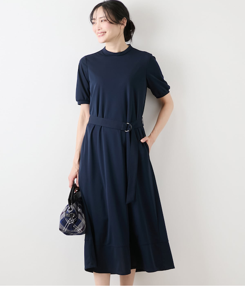 強撚スムース ハイネック5分袖カットソーワンピース