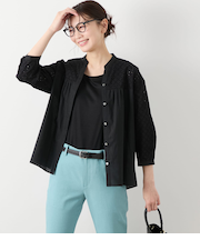 コットンエンブロイダリーレース 切替え7分袖ブラウス