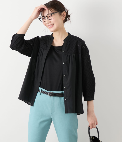 コットンエンブロイダリーレース 切替え7分袖ブラウス