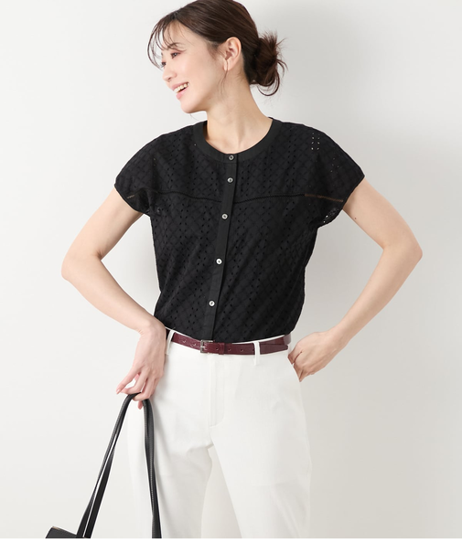 コットンエンブロイダリーレース フレンチスリーブブラウス