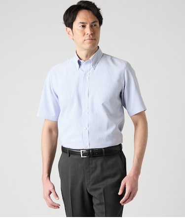 【吸水速乾・防シワ】FLEXY ロンドンストライプ 半袖ボタンダウンシャツ