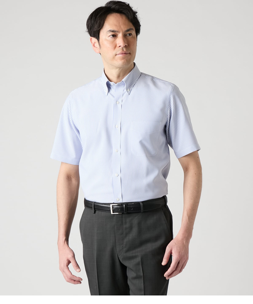 【吸水速乾・防シワ】FLEXY ロンドンストライプ 半袖ボタンダウンシャツ