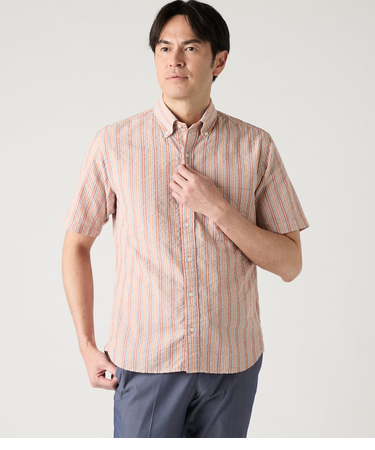 サッカー カラーストライプ 半袖ショートボタンダウンシャツ