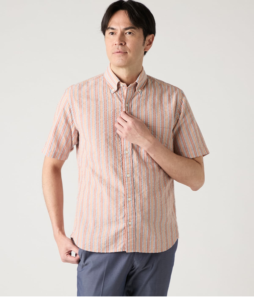 サッカー カラーストライプ 半袖ショートボタンダウンシャツ