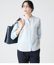 リネンブレンドストライプ 7分袖スタンドカラーシャツ