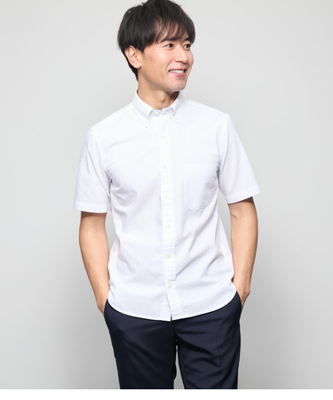 【吸水速乾】サッカー 無地 半袖ショートボタンダウンシャツ