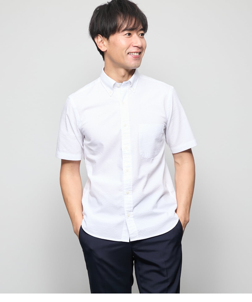 【吸水速乾】サッカー 無地 半袖ショートボタンダウンシャツ
