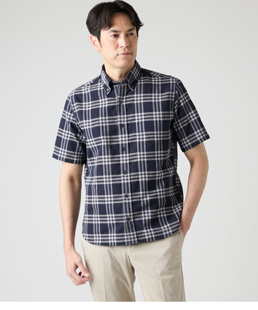 リネン混 サッカー モノトーンチェック 半袖ショートボタンダウンシャツ