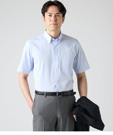 【吸水速乾】Easy Care・COOLMAX EcoMade ドビー無地 半袖ボタンダウンシャツ