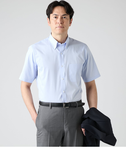 【吸水速乾】Easy Care・COOLMAX EcoMade ドビー無地 半袖ボタンダウンシャツ