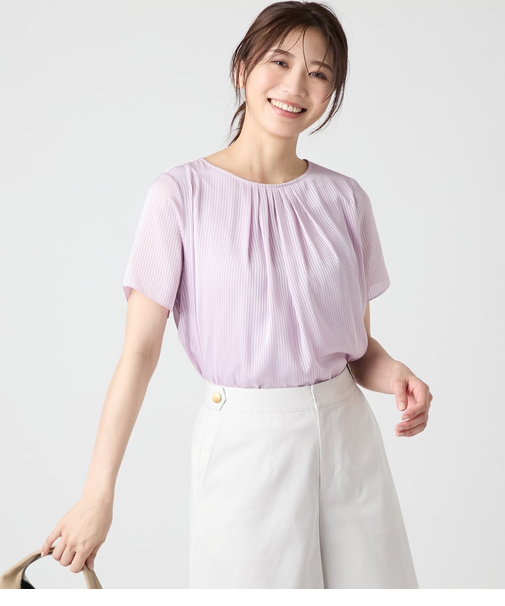 サテンストライプ 半袖カットソープルオーバー