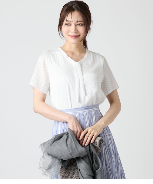 サテンストライプ 半袖ボウタイカットソープルオーバー