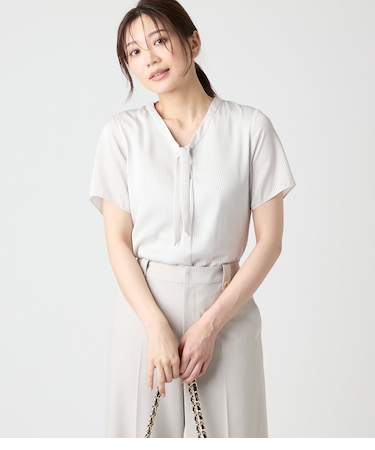 サテンストライプ 半袖ボウタイカットソープルオーバー