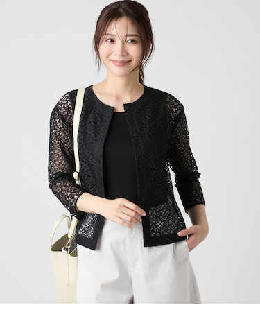 フラワーラッセルレース 7分袖クルーネックカーディガン