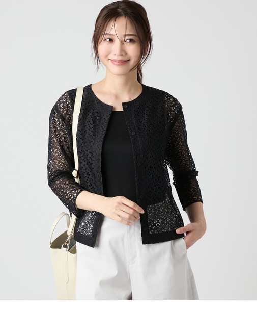 フラワーラッセルレース 7分袖クルーネックカーディガン