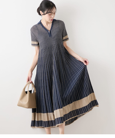 コットンリネンストライプ スキッパーロングワンピース
