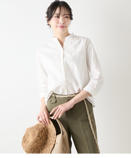 コットンリネンドビーストライプ 7分袖スキッパーブラウス