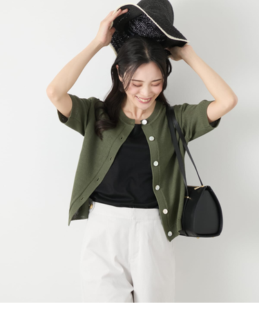 リネンライクワッフル クルーネック5分袖カーディガン